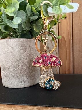Crystal Mushroom Keychain - Pink & Teal Rhinestones, Purse Charm